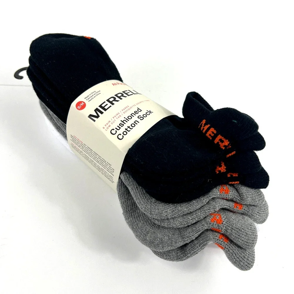 NEW Merrell Men Cushioned Low Cut Tab Socks 6 Pairs Breathable Black Gray White